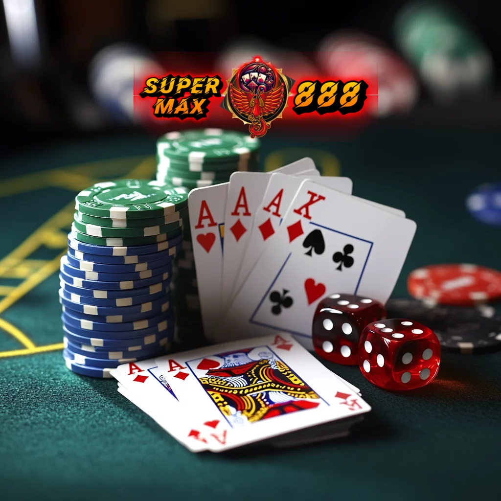 supermax888 with poker chips cards and dices